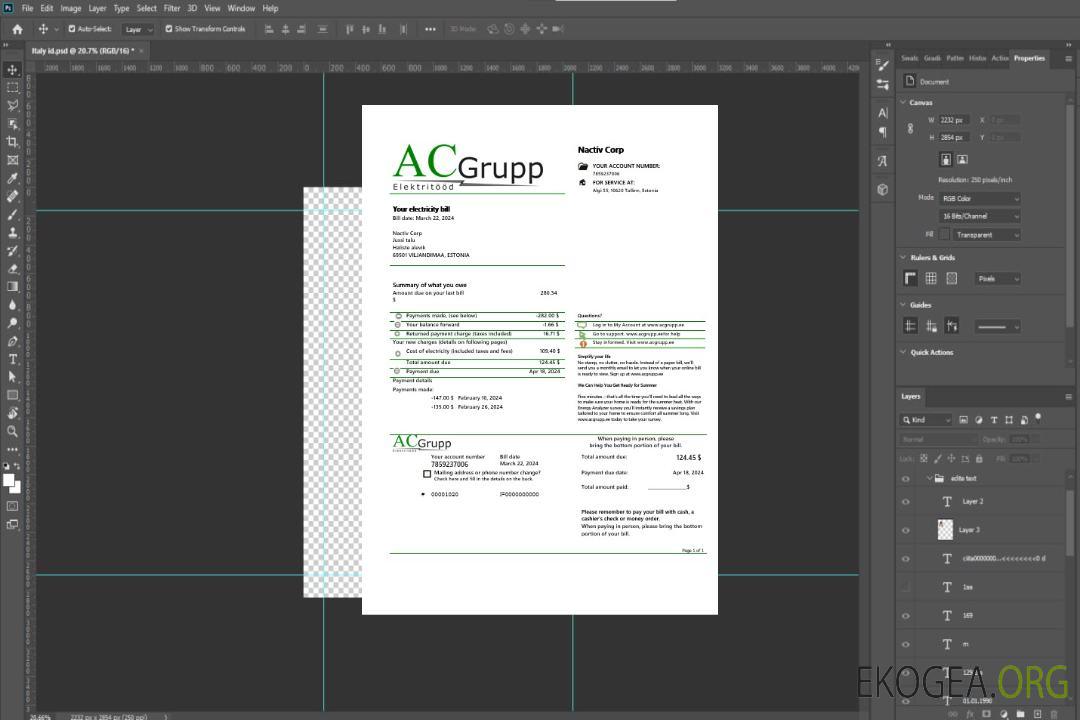 Modèle de facture de services publics d'électricité d'Estonie AC Grupp OÜ aux formats Word et PDF template